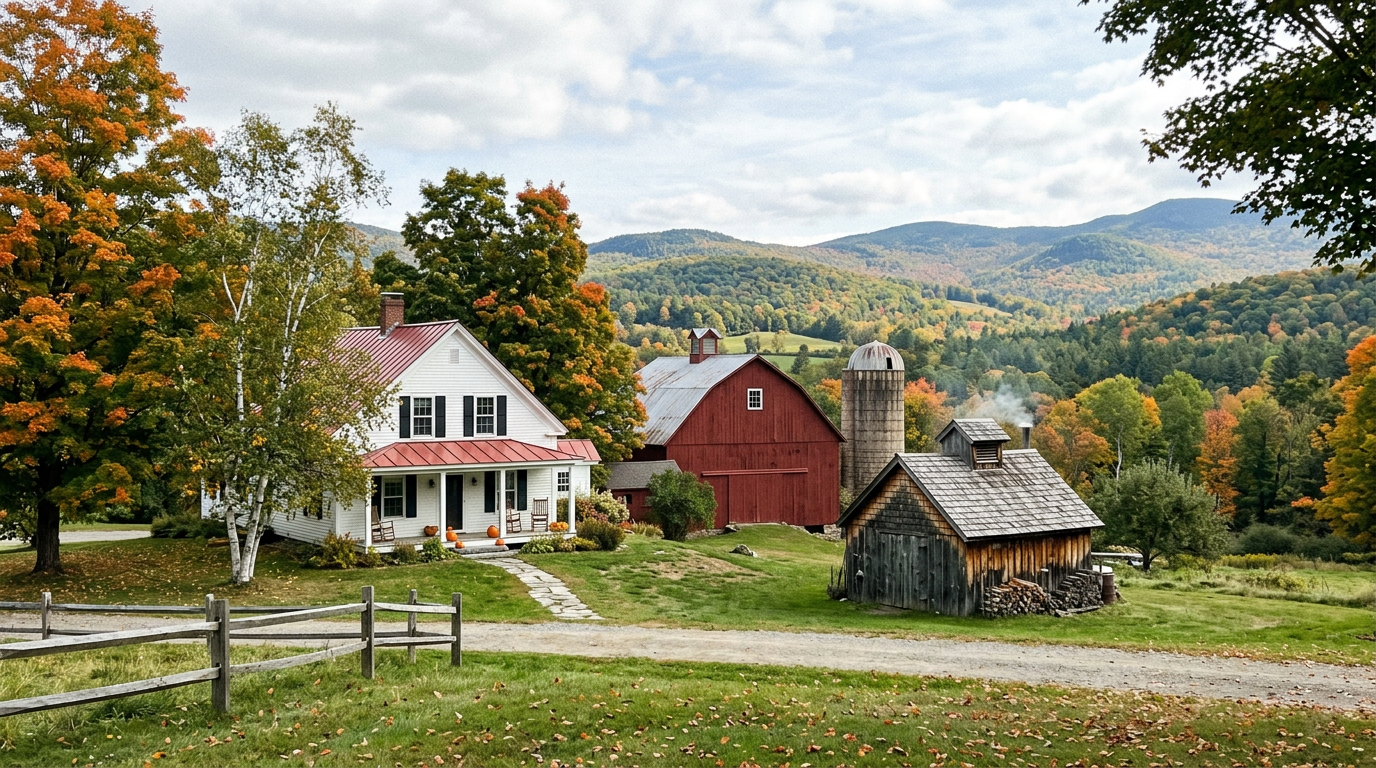 A white farmhouse with a red barn and a maple sugar shack in Vermont, rolling green mountains, early fall color
