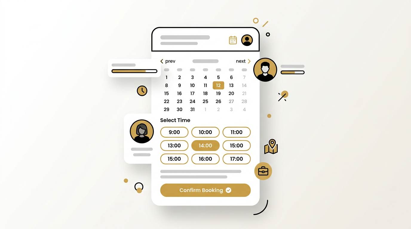 An online booking widget on a website with date picker and time slots, one slot selected in gold