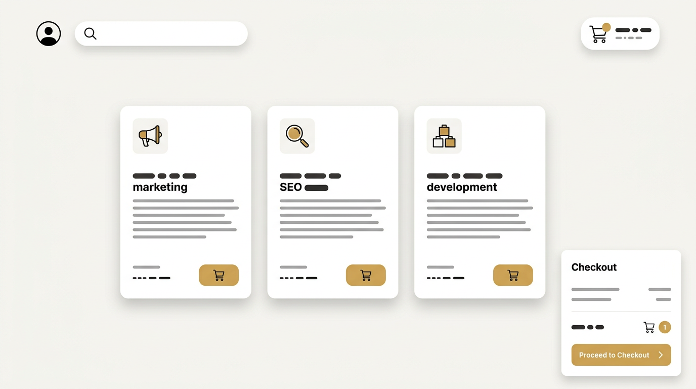 An online store page with product cards, cart icon and checkout button