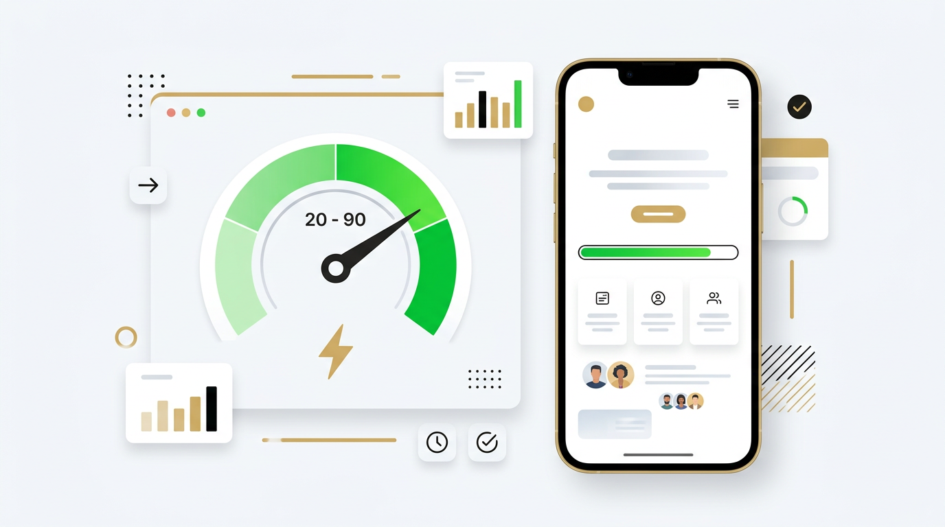Website speed score gauge in the green with a lightning bolt and a phone showing a site loading instantly