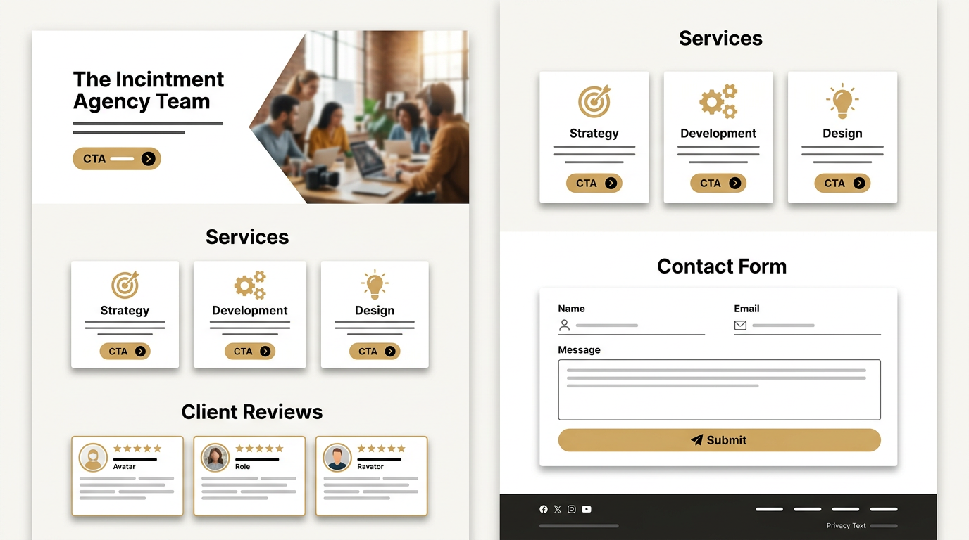 Hero with photo, services cards, reviews, form