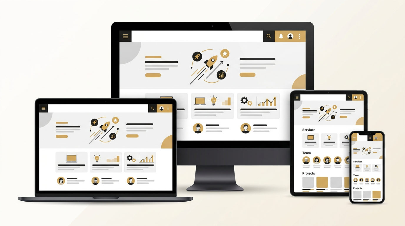 A website shown on desktop monitor, laptop, tablet and phone arranged together, same design on each