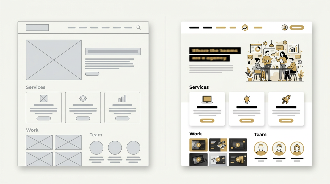 Left side grey wireframe of a website, right side the finished colorful website design