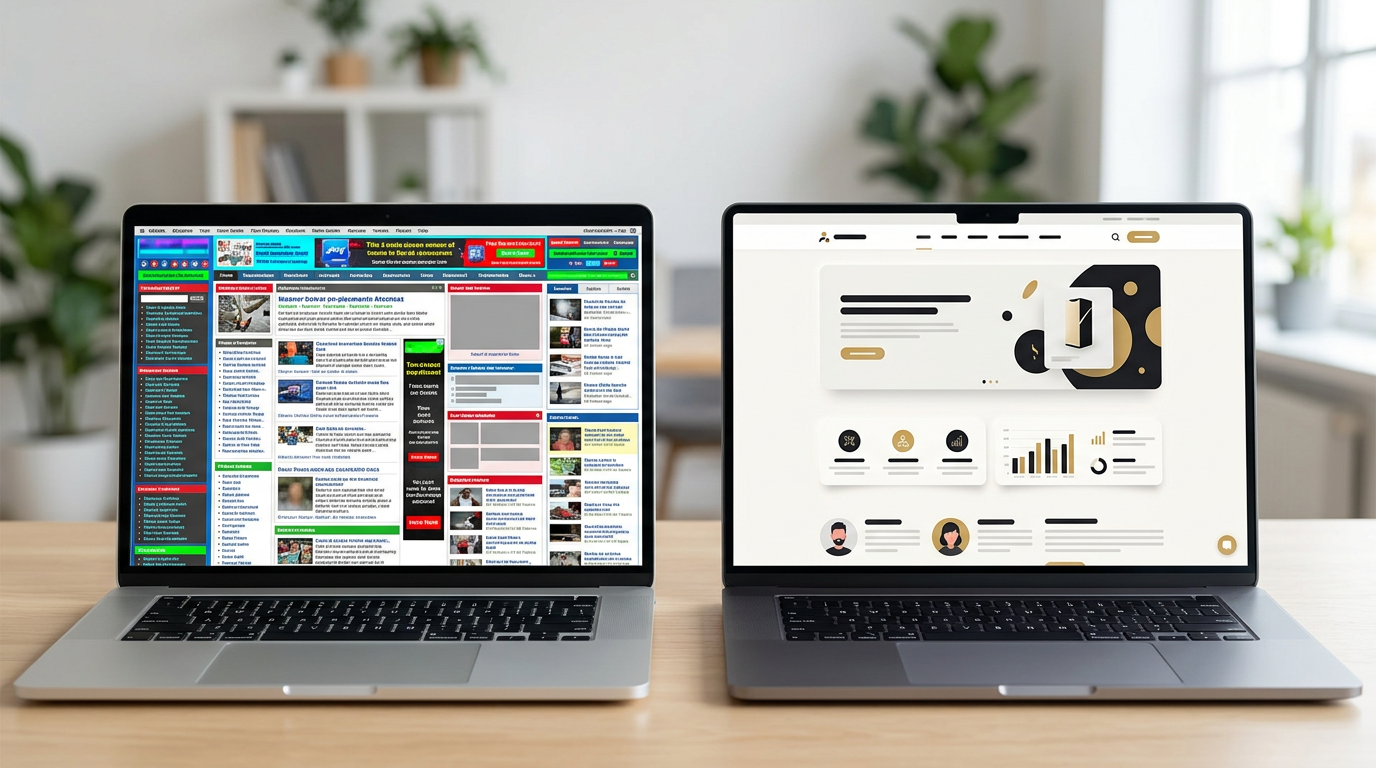 Before and after of a dated cluttered website versus a clean modern one on two laptops