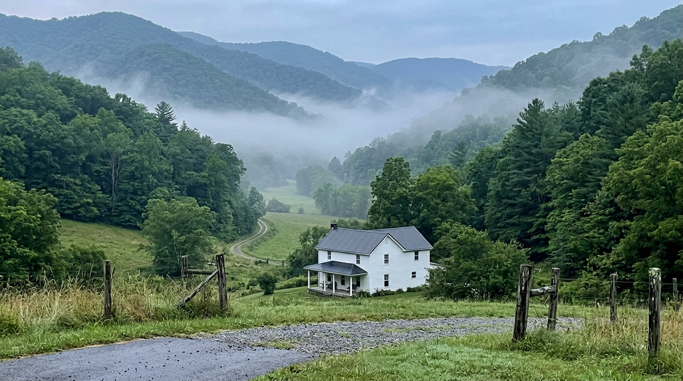 A white farmhouse in a green hollow of the Appalachian mountains in West Virginia, morning fog in the valley