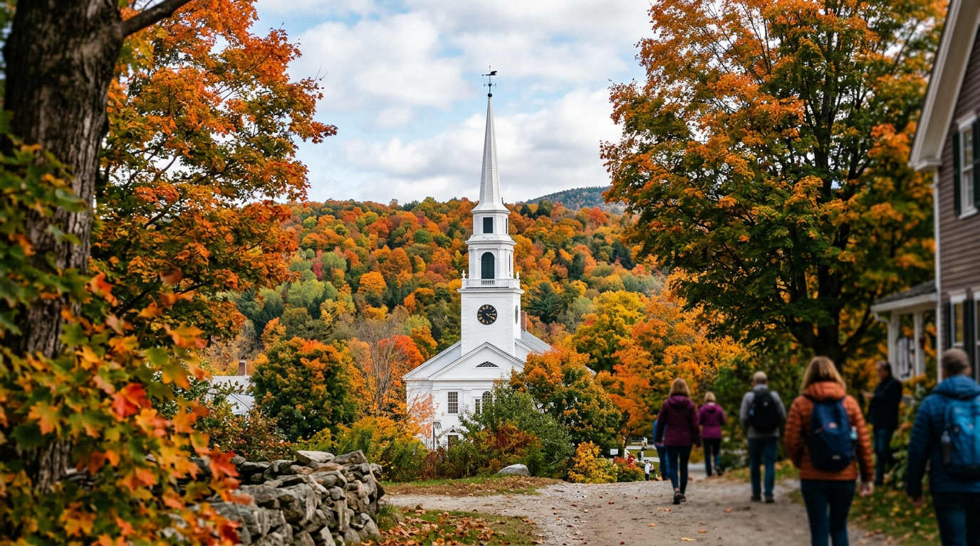 The white church steeple in Stowe with fall foliage, Vermont