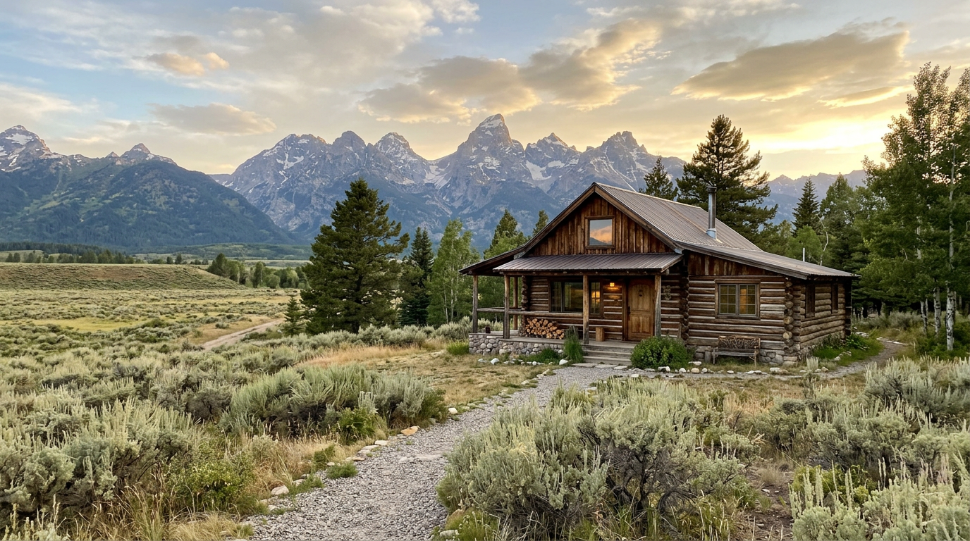 A log cabin home near Jackson, Wyoming, with the jagged Teton range behind, sagebrush meadow, golden hour